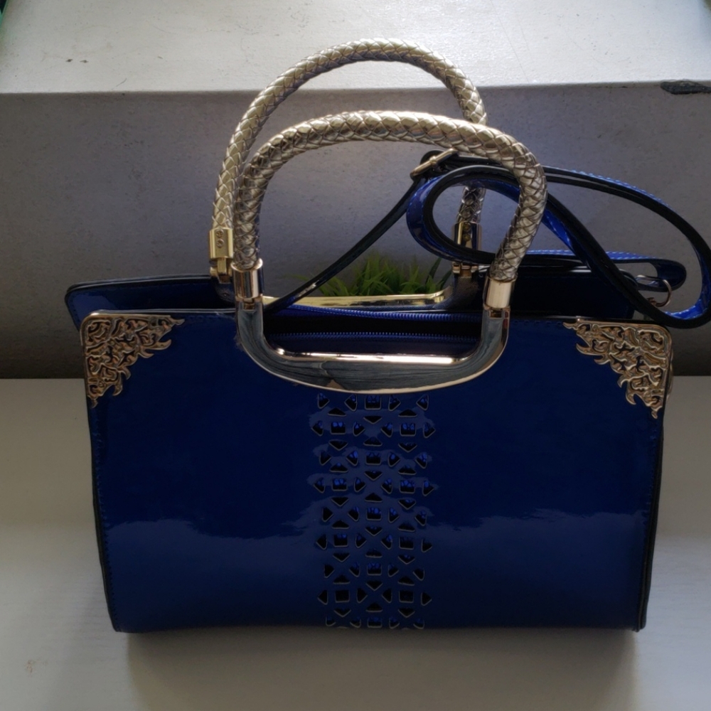 Royal Blue Vinyl Handbag w/ Gold Accents